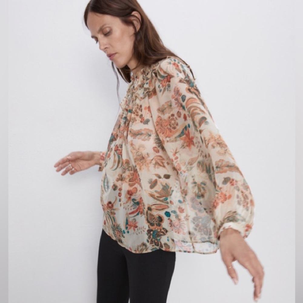 Zara Sheer Floral Ruffle Blouse